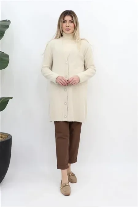 Düğme Kapamalı Peluş Hırka - Bej