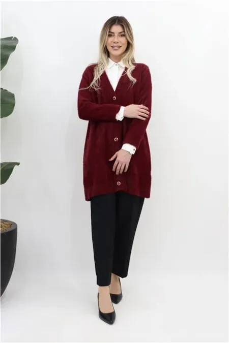 Düğme Kapamalı Peluş Hırka - Bordo
